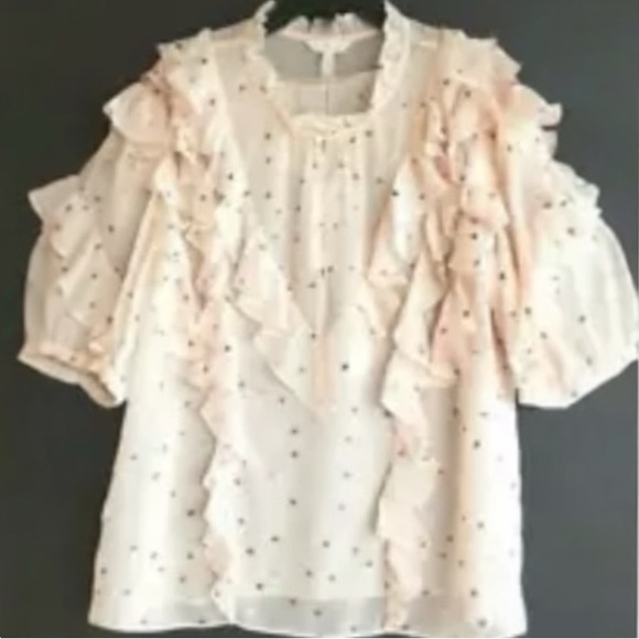 $425 Rebecca Taylor 100% Silk Top 2 XSmall Glitter Shimmering Dots Ruffled NWT - Picture 6 of 13